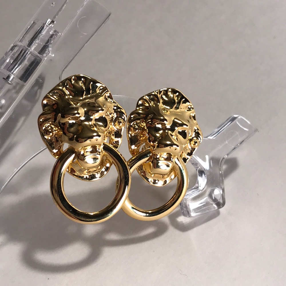 Kenneth Jay Lane Gold Lion Head Hoop Drop Earrings